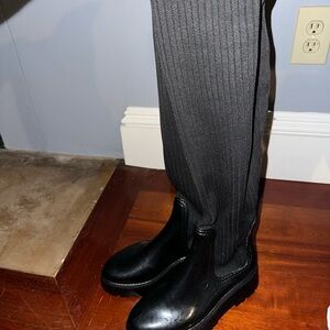 Black Ribbed Knee-High Boots